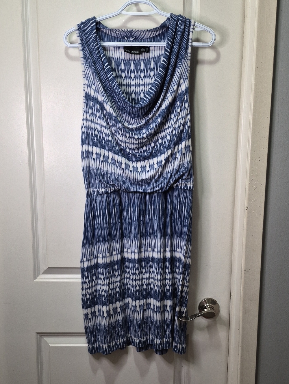 Cynthia Rowley Navy and White Sleeveless Cowl-Neck Midi Dress